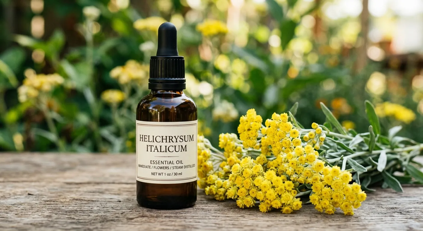 Dark amber glass bottle of pure Helichrysum italicum essential oil beside fresh yellow blossoms.