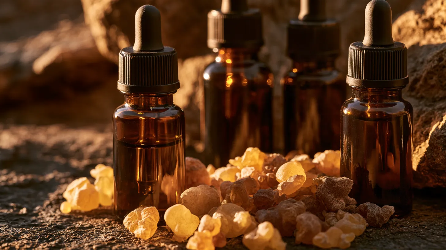 Dark amber glass bottles of pure frankincense essential oil beside resin tears