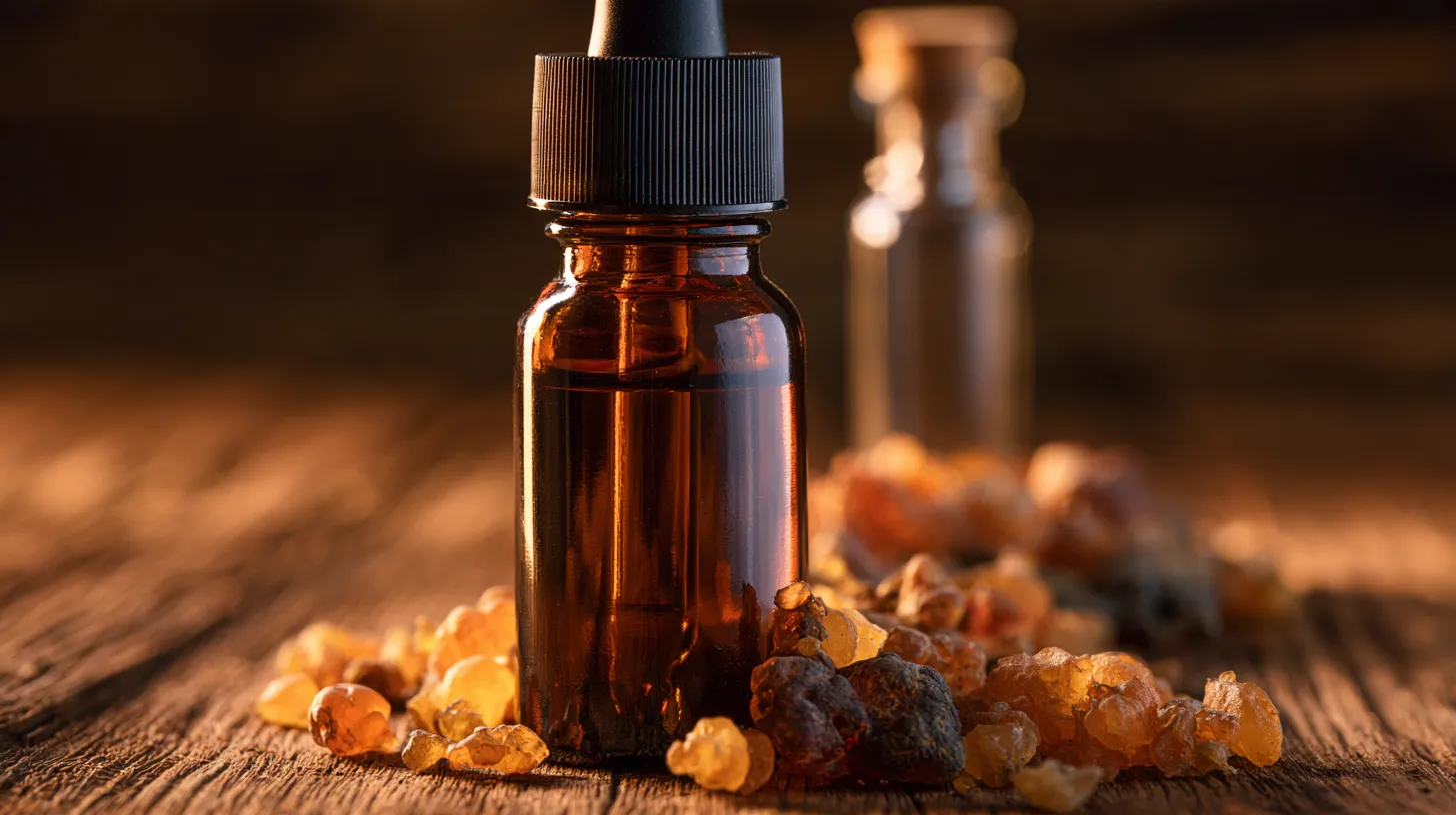 High-quality pure myrrh essential oil in a dark amber glass bottle to protect against UV rays.