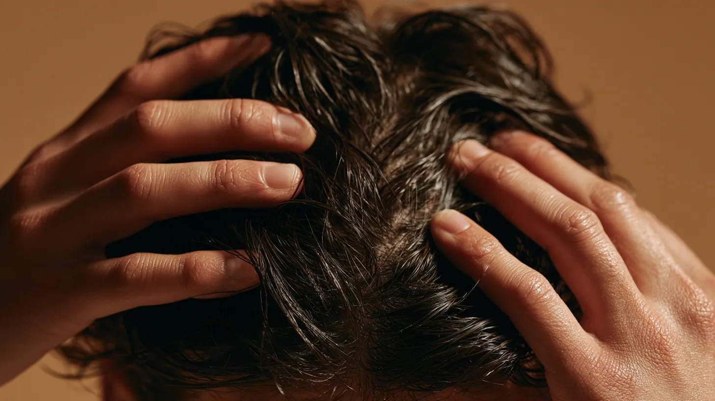 Person gently massaging their scalp, promoting blood flow for healthier hair growth with castor oil.