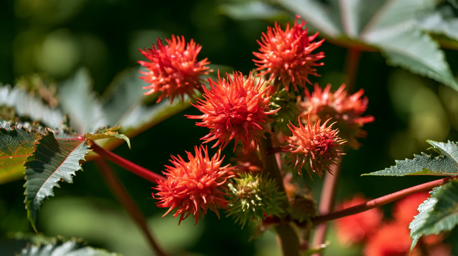 A Ricinus communis castor bean plant with red-green spiky seed pods and large leaves.