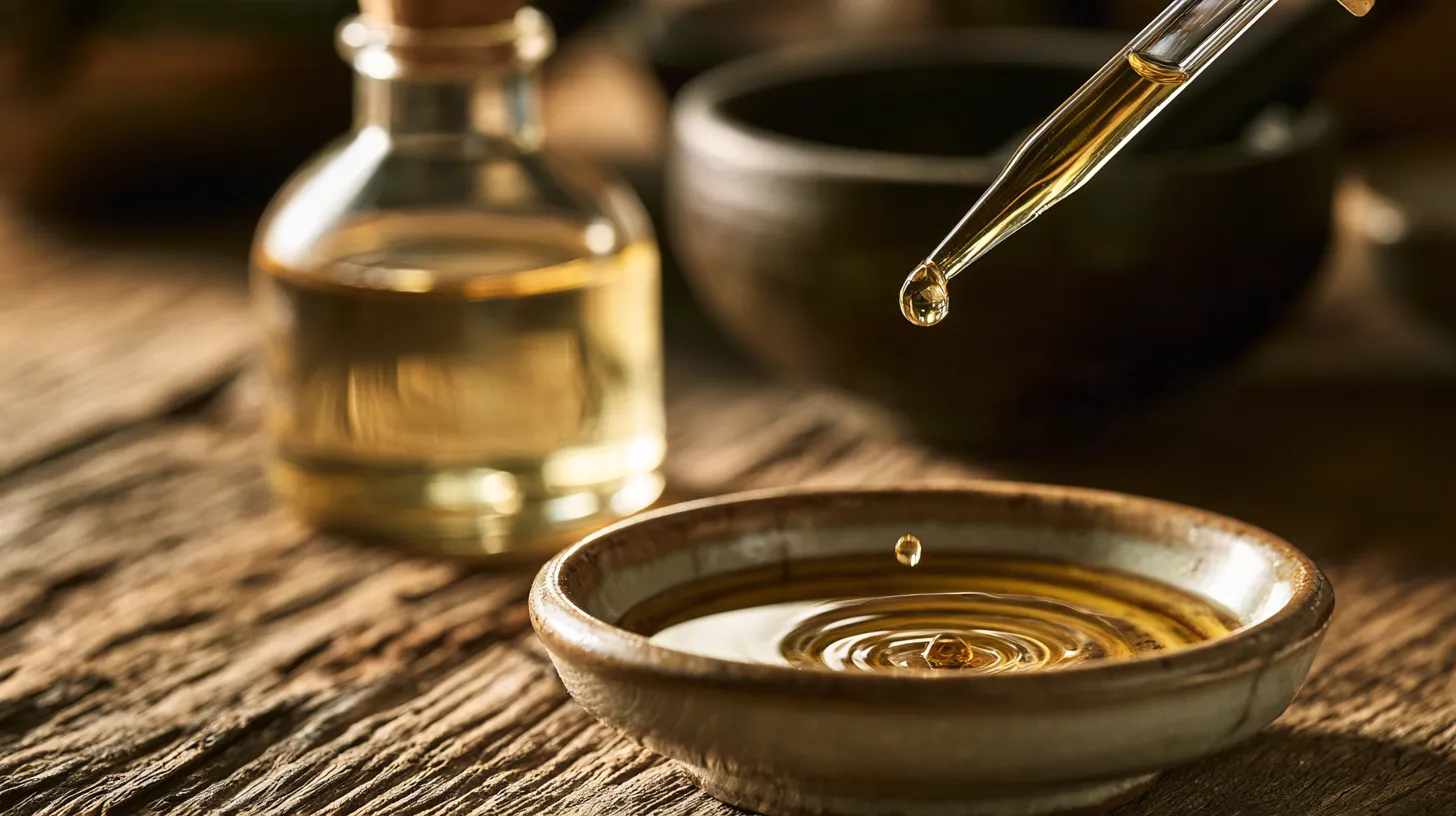 Mixing frankincense essential oil drops with jojoba carrier oil for skin application