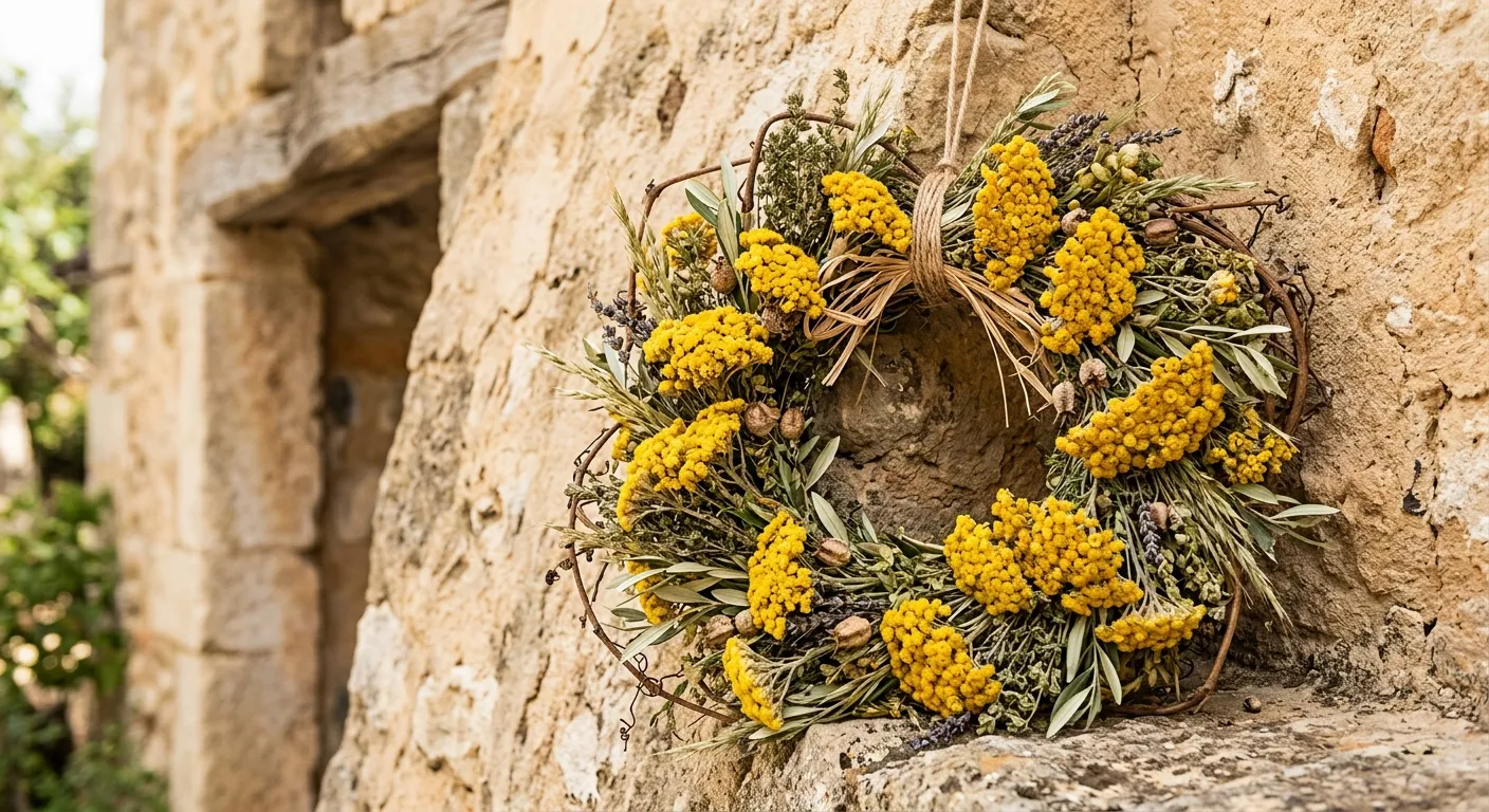 Dried golden Helichrysum italicum flowers arranged in a traditional Mediterranean wreath.