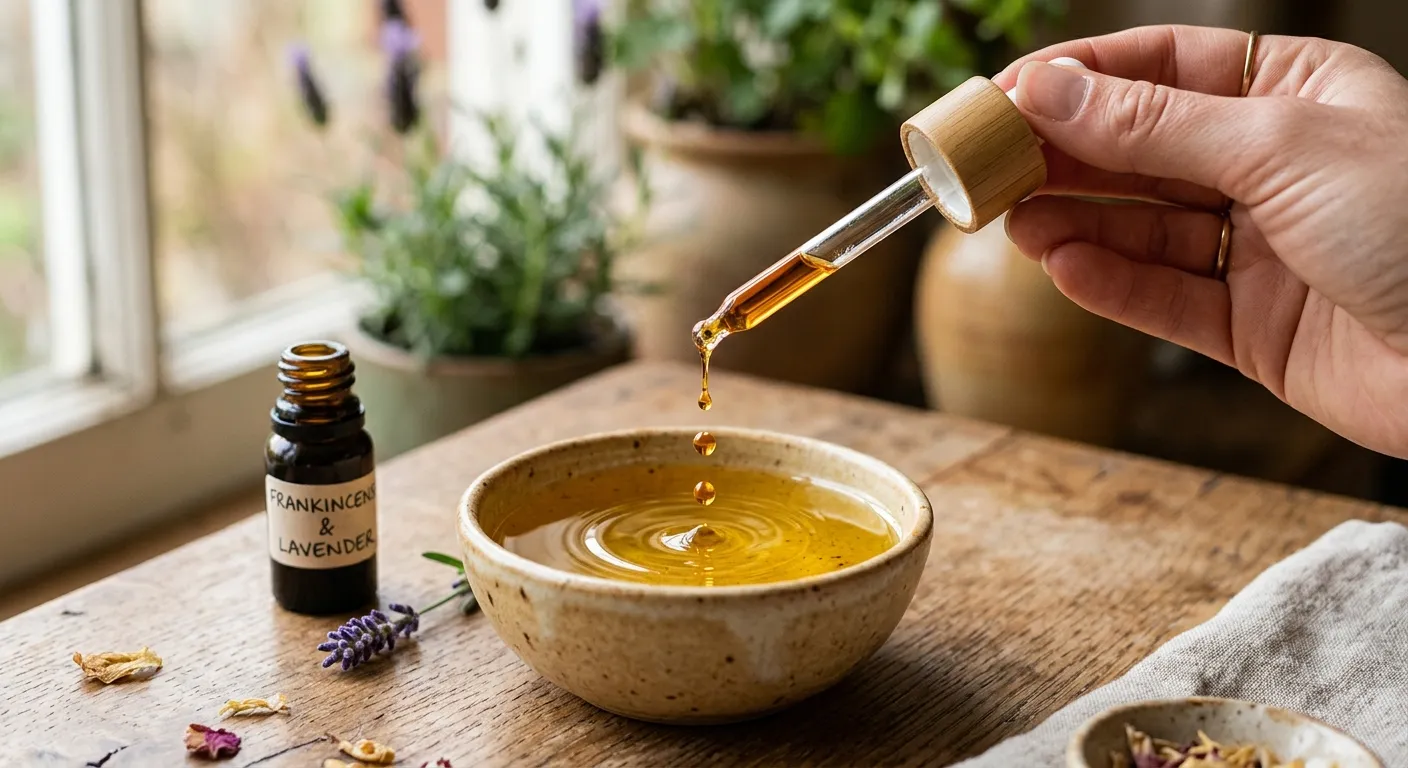 Mixing helichrysum essential oil with jojoba carrier oil in a glass dish.