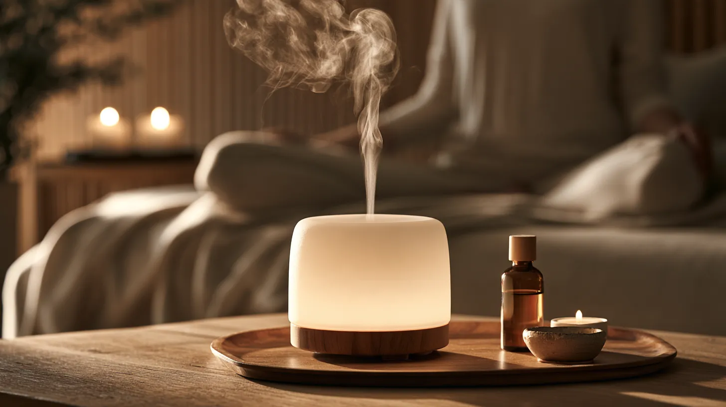 Glass essential oil bottles of myrrh, frankincense, and lavender displayed together for aromatherapy blending.