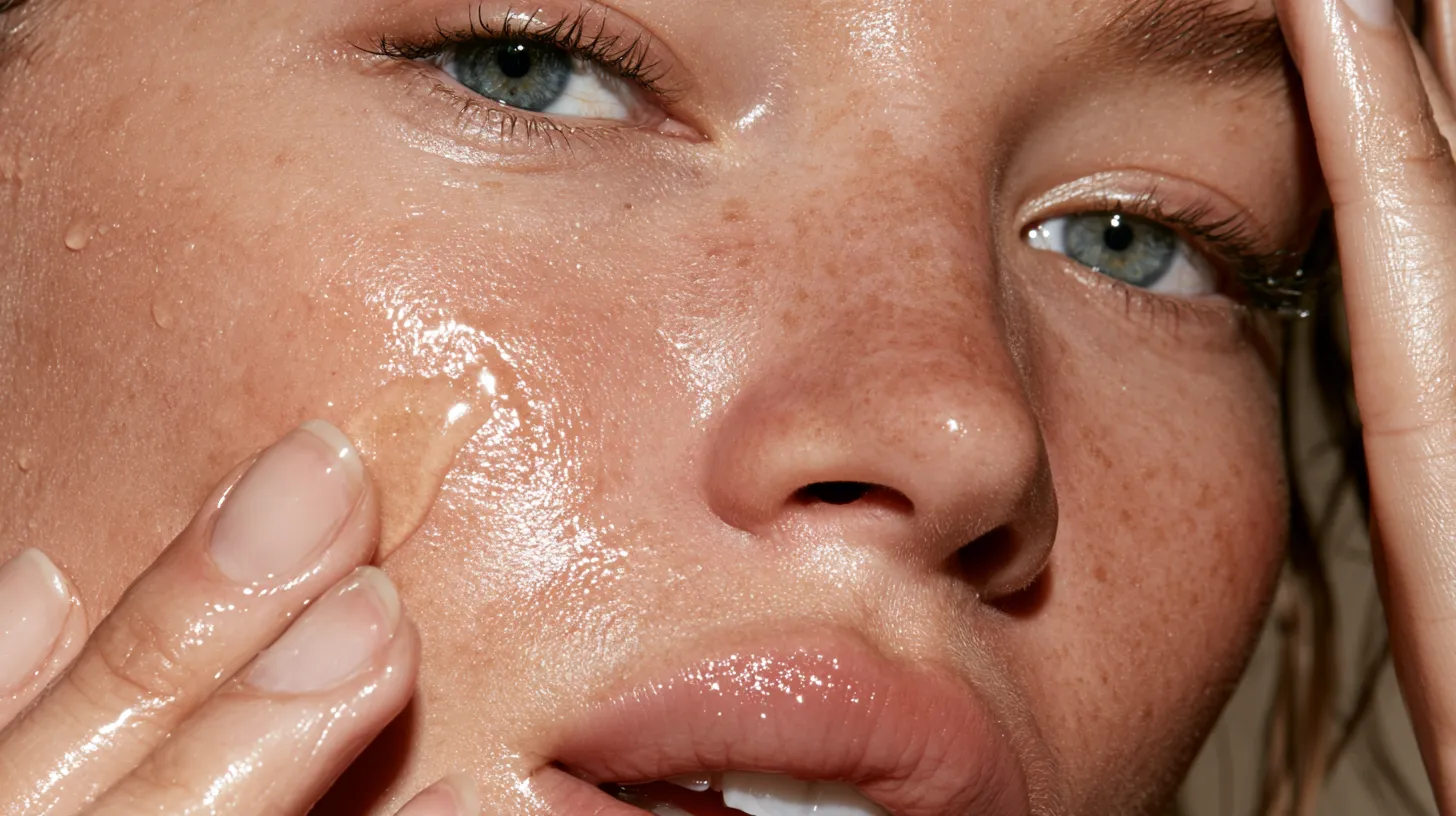 Person applying a natural myrrh facial oil serum to hydrate skin and support barrier restoration.