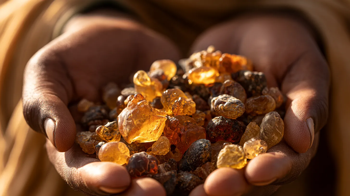 Raw golden myrrh resin tears harvested from the Commiphora tree for essential oil production.