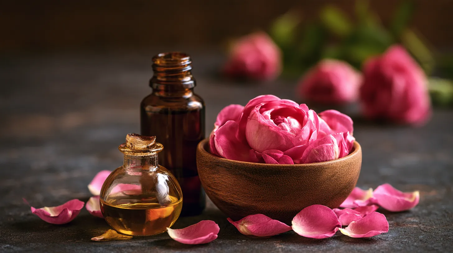 Amber bottle of rose essential oil alongside jojoba carrier oil and rose petals