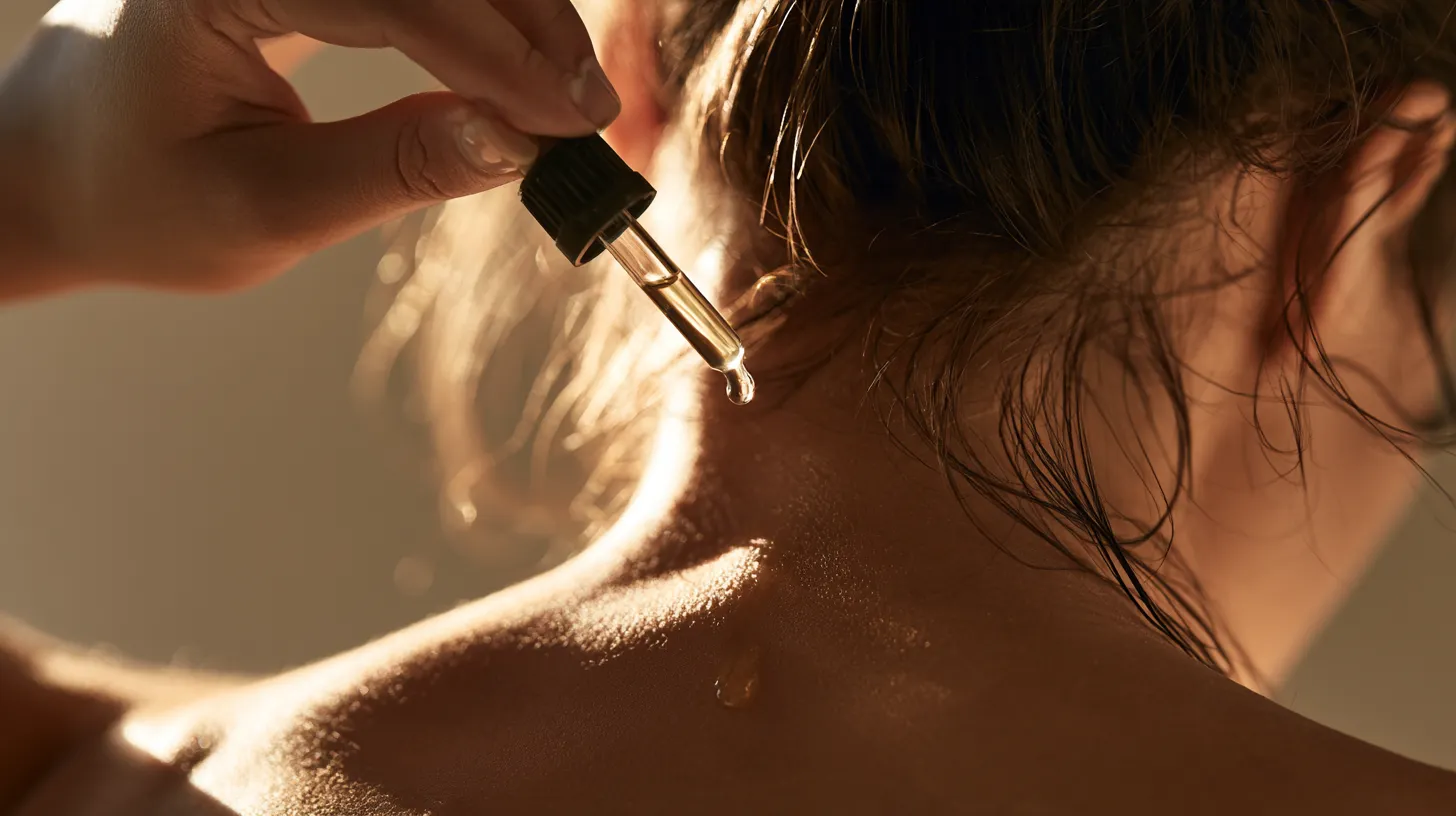 Woman applying rose essential oil with a glass dropper for skin hydration