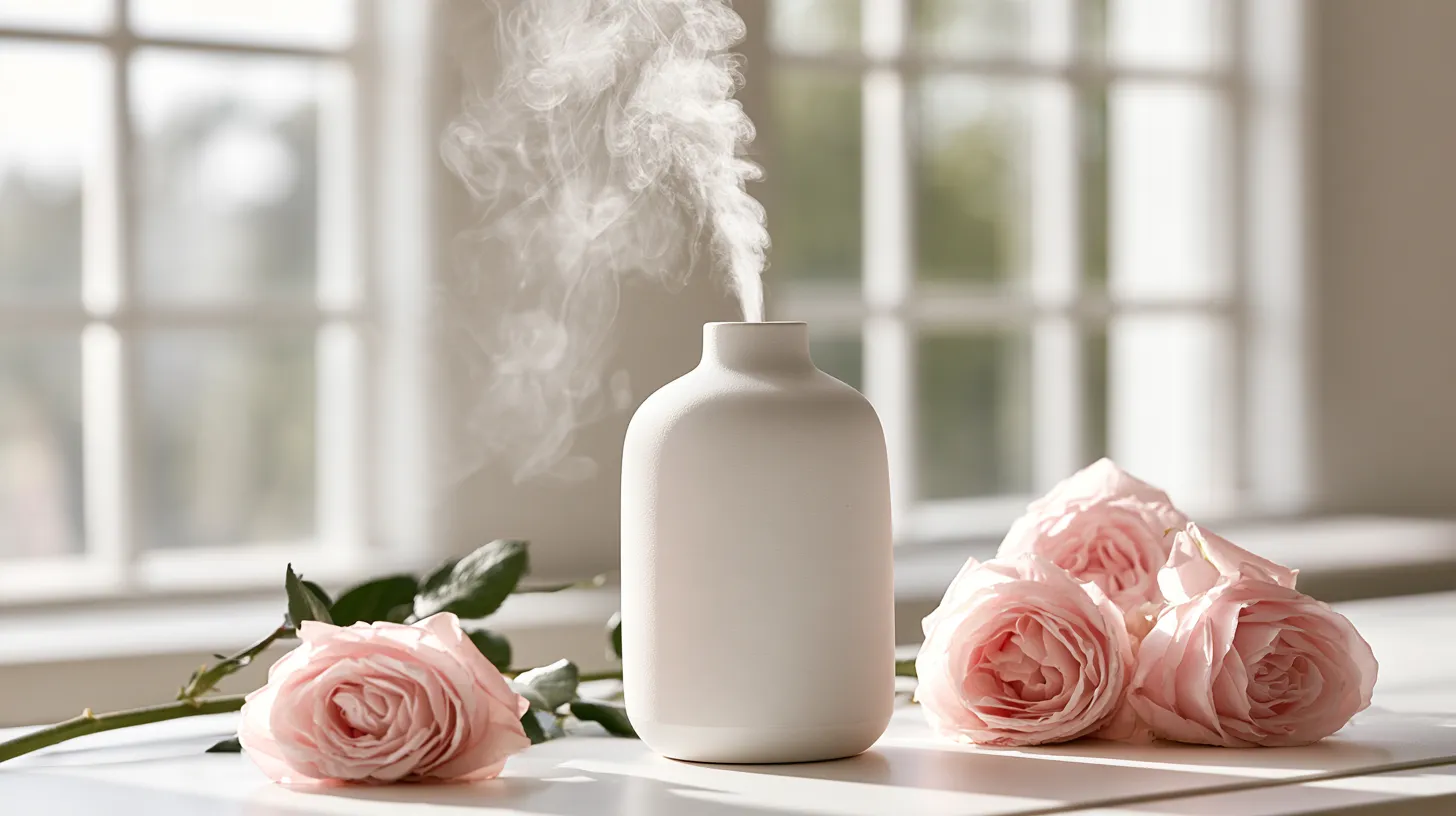 Ceramic aroma diffuser emitting steam mist with rose essential oil
