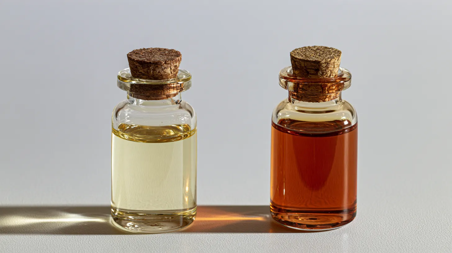 Glass vials comparing pale yellow Rose Otto and amber Rose Absolute essential oil