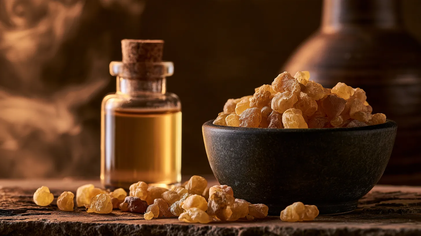 Diagram showing steam distillation process of frankincense resin into essential oil