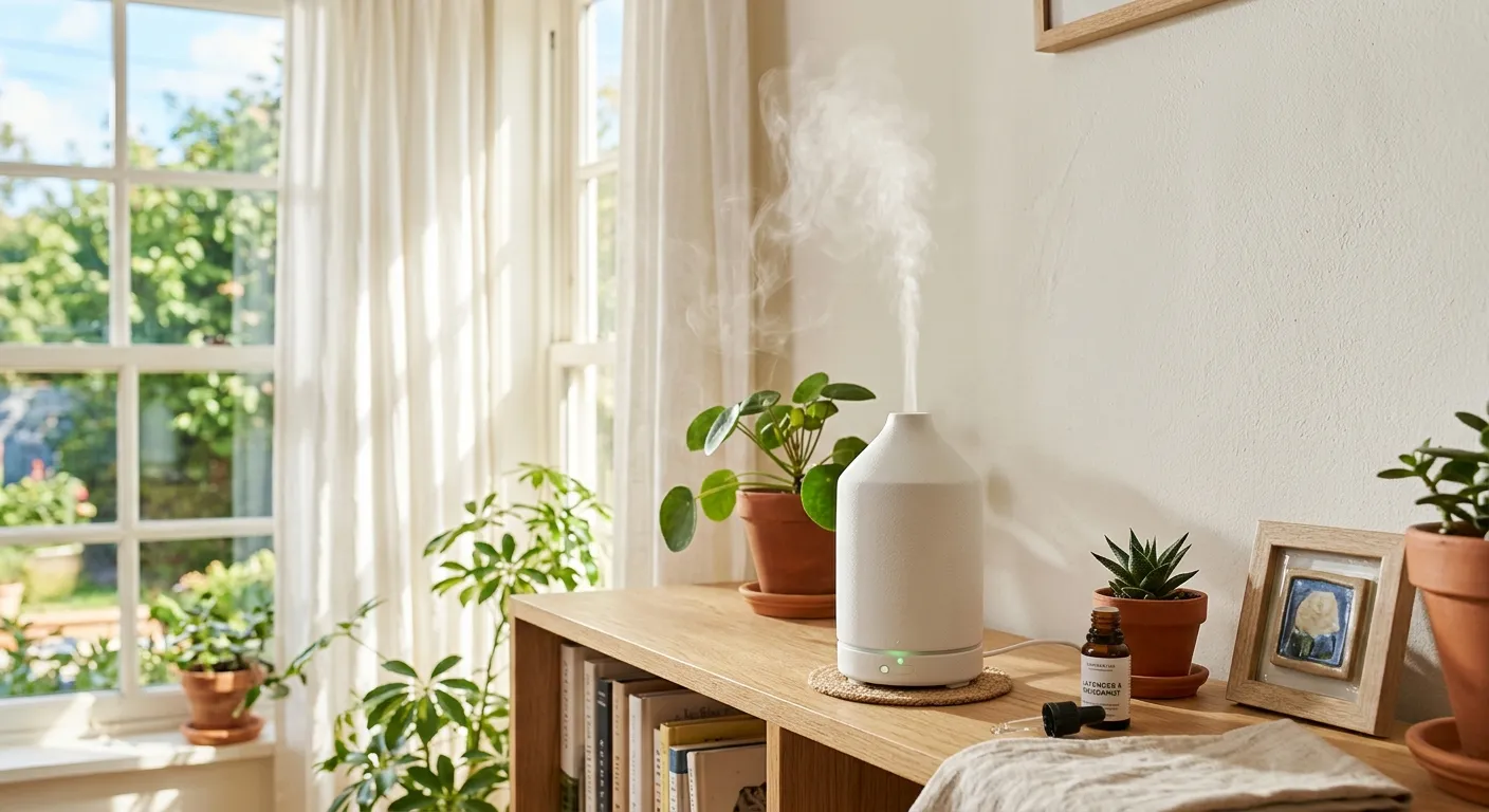 Ceramic ultrasonic aromatherapy diffuser releasing fine mist in a cozy living room